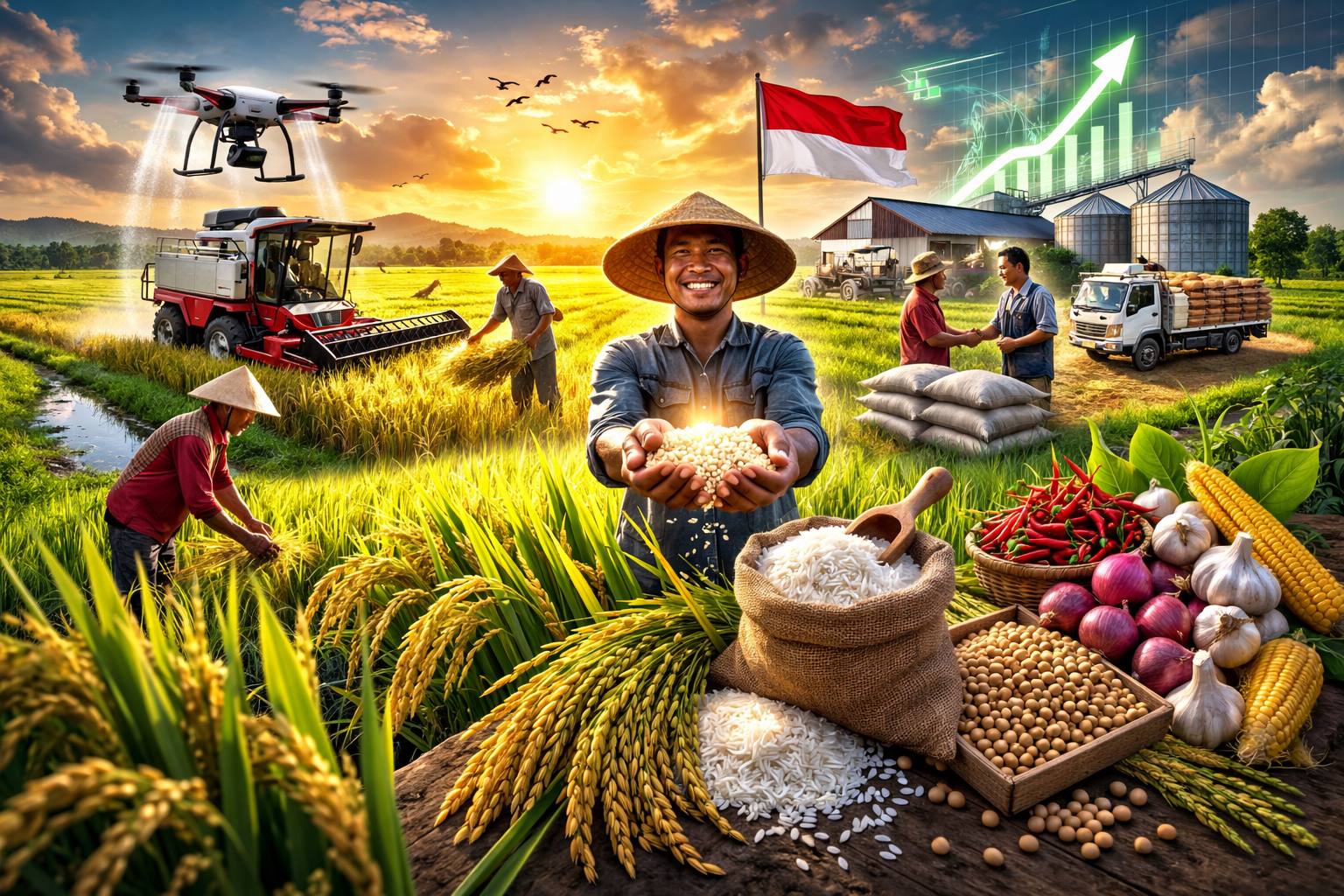 komoditas yang telah mencapai swasembada dan surplus meliputi beras, gula konsumsi, cabai besar, cabai rawit, jagung, minyak goreng, daging ayam, telur ayam, dan bawang merah. Sementara itu, komoditas yang masih dalam tahap penguatan menuju swasembada antara lain bawang putih, kedelai, daging sapi atau kerbau, serta gula industri.